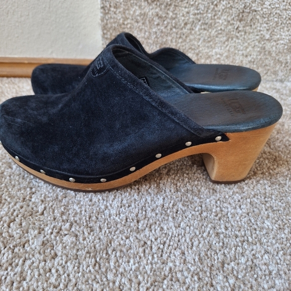 UGG Black Suede/Wood Clogs bohemian Sherpa lined winter cabin chic Womens Size 7 - Picture 2 of 9